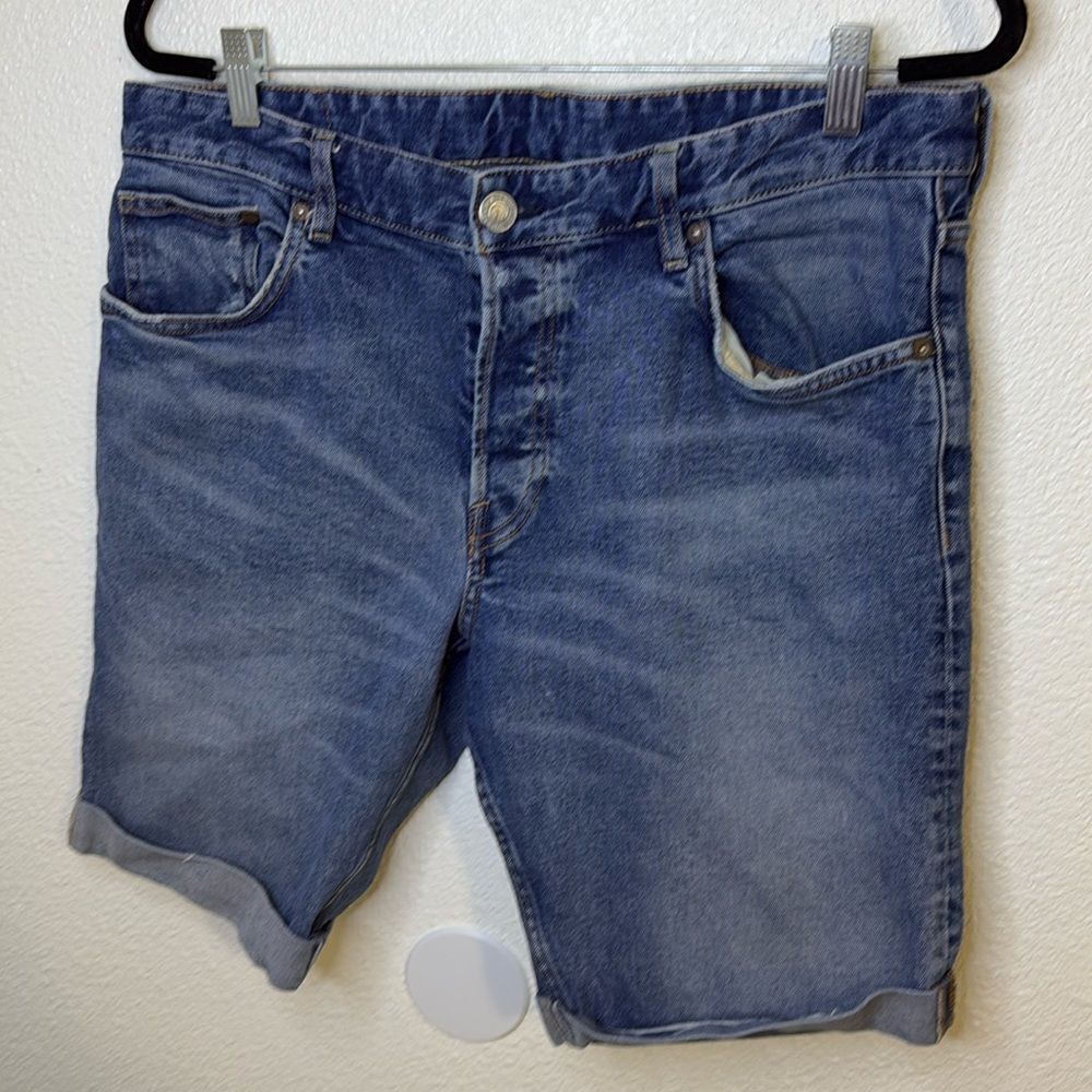 &Denim- Slim Fit Cuffed Button Fly Distressed Bermuda Shorts- Size 34